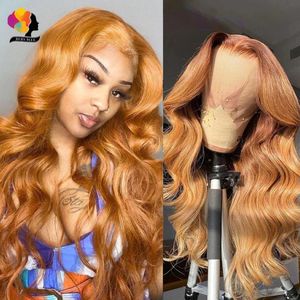 Perruques en dentelle Ginger Blonde Body Wave Transparent Péruvien Avant Cheveux Humains Orange Bouclés Partie 150% Remy
