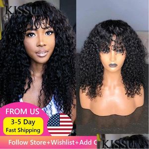 Perruques en dentelle Hine Fabriquée coudre dans la perruque Human Human Malaysian Kinky Curly avec Bang Natural Couleur pour les femmes sans glueless Long Sale Drop Livrot Pro Dhy4x