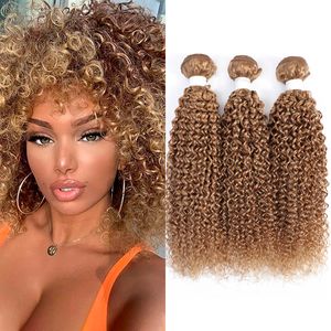 Kant Pruiken Honing Blond Kinky Krullend Menselijk Haar Bundels SOKU Braziliaans Haar Weave 3/4 STKS Bundels Deal Remy Menselijk Haar Weave 230901