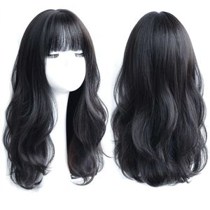 Lace Wigs HOUYAN Lang krullend synthetische pruik met pony midden donkerbruin natuurlijke krullend haar pruik vrouwelijke Cosplay pruik hittebestendige vezel pruik Z0613