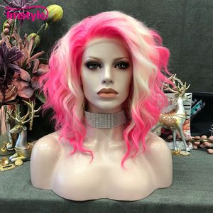 Perruques en dentelle Imstyle Rose Blonde Perruque Courte Synthétique Avant Deux Tons Fibre Résistant À La Chaleur Vague Profonde Pour Les Femmes Cosplay 230609