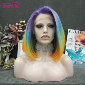 Perruques en dentelle Imstyle court Bob perruque coloré synthétique avant Ombre bleu pour les femmes Cosplay fête fibre résistante à la chaleur 230609