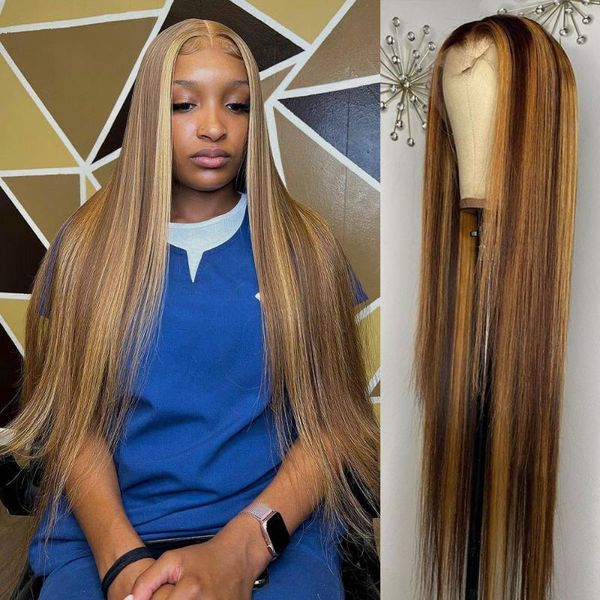 Lace Wigs Inch Bone Straight Highlight Perruque de cheveux humains pour les femmes brésiliennes 13x1 T Part Ombre Honey Blonde Front WigsLace