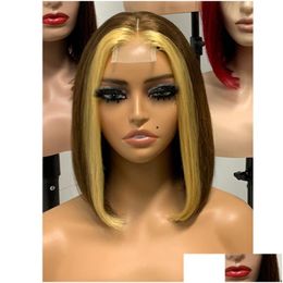 Perruques en dentelle Indien Vierge Human Human Silky Straitement 2x6 Bob Wig 99J T4 / 350/4 Couleur naturelle 10-14inch 150% 180% Density Drop Livrot Pro Otiry