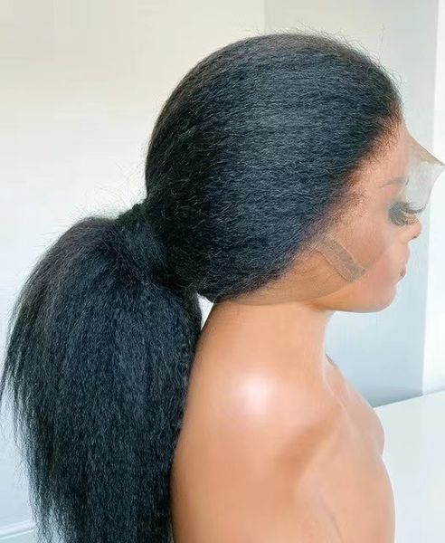 Perruques en dentelle Kinky Straight Wig 180% Densité Noir Yaki Synthétique Lace Front Wig Pour Femmes Yaki Cheveux Raides Fibre Résistant À La Chaleur Kinky Afro 230608