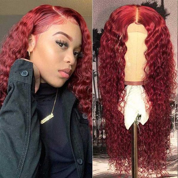 Lace Wigs Long Remy 99J Bourgogne Deep Wave Front Wig Cheveux humains bouclés de couleur rouge 13x4 Wet And Wavy