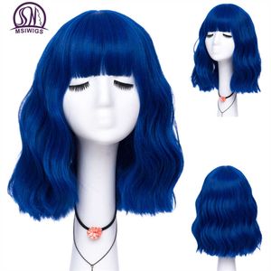 Perruques en dentelle MSIWIGS Court Bouclés Bleu Bobo Synthétique Cosplay Perruques pour Femmes Orange Rouge Vert Naturel Résistant À La Chaleur Cheveux avec Bang pour Fille Z0613