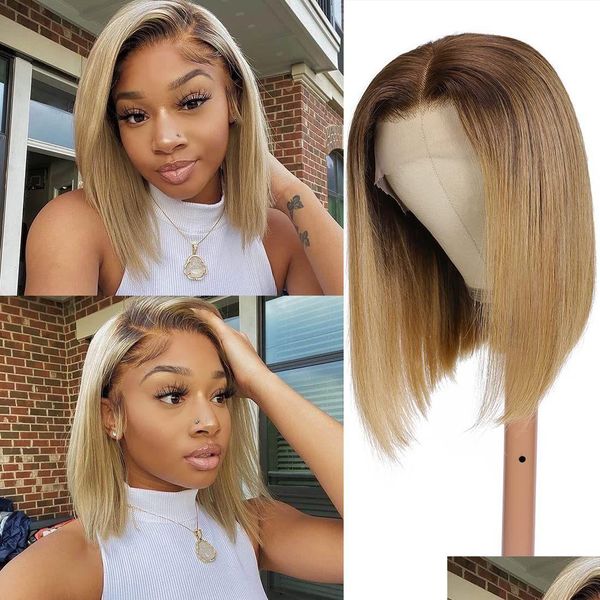 Pelucas de encaje Ombre Color Brasileño Virgin Human Hair T Parte Peluca para mujeres Corto Recto Bob 2022 Nuevo estilo Productos de entrega de caída DHJKR