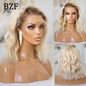 Pelucas de encaje Ombre Rubio ondulado corto Frente Bob para mujeres Cosplay Peluca de color 200 Densidad Raíces oscuras Sin cola 613 Sintético 230617