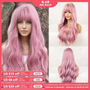 Perruques en dentelle oneNonly longue perruque rose avec frange vague naturelle résistant à la chaleur cheveux ondulés perruques synthétiques pour femmes Lolita Cosplay Z0613