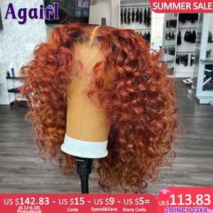 Pelucas de encaje Naranja Marrón 13x6 Cabello humano rizado profundo Bob corto 13x4 Onda de agua Frontal rojizo 5X5 Cierre 230617