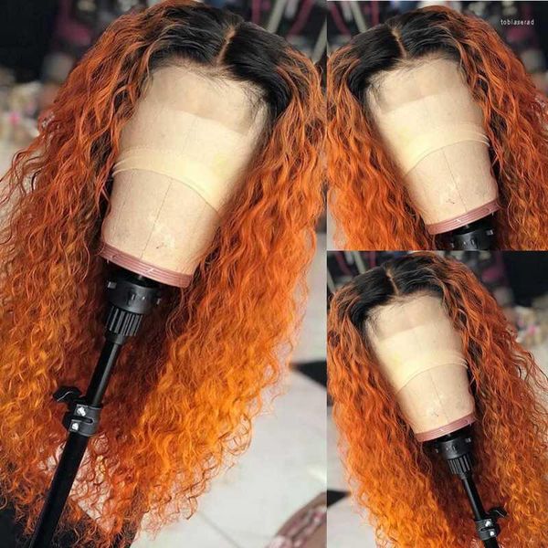 Pelucas de encaje Naranja Miel Rubio Ombre Color Frente rizado Cabello humano con bebé Remy peruano Nudos blanqueados Kend22