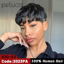 Perucas de renda peluca curtas retas perucas de cabelo humano corte pixie cabelo brasileiro para mulheres negras peruca peruana barata feita à máquina com franja perruque Z0613