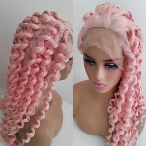 Perruques en dentelle rose couleur perruque avant synthétique avec partie libre longue profonde crépus bouclés Cosplay fibre résistante à la chaleur cheveux de bébé 230609