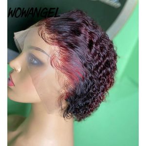 Pelucas de encaje Pixie Cut Wig 99J Bob Rizado Cabello Humano Remy Corto 13x4 Pre Arrancado 4x4 Cierre Brasileño Para Mujeres Negras