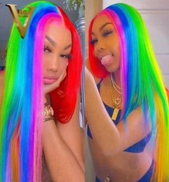 Pelucas de encaje Púrpura Azul verde rojo Rainbow Human Cabello para mujeres Brasil Remy Reltaza delantera Reta Pequeña Cierre 38062905403565