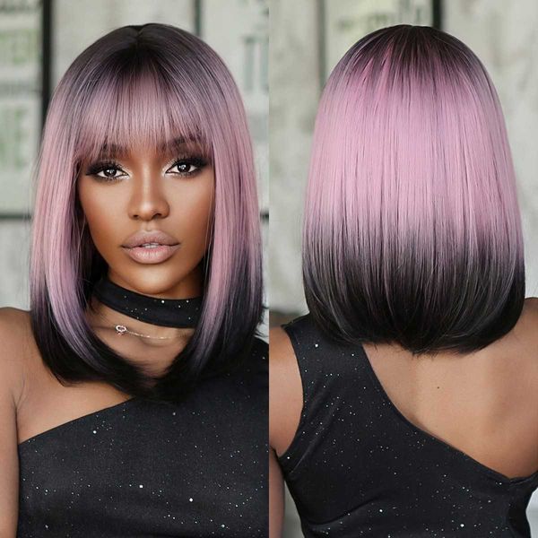 Pelucas de encaje Pink Pink Ombre Black Corto Recto Camino sintético con flequillo Bob Wig para mujeres Cosplay Party Helent Fake Hairs Z0613