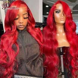 Lace Wigs Red Body Wave Lace Front Menselijk Haar Pruiken Bourgondië 99J Gekleurde 13X4 Kant Frontale Pruik Remy Human Hair Pre Geplukt Voor Vrouwen180% 230616