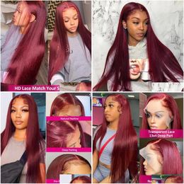 Lace Wigs Red Bury 99J transparant 13x6 voorste mens haar pruik recht 13x4 HD frontale voor vrouwen gekleurde drop levering producten otgxw