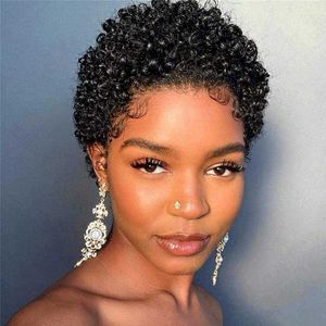 Lace Wigs Korte Afro Kinky Curly Pixie Cut Pruiken Voor Vrouwen Menselijk Haar Maleisische Remy 180% Dichtheid Menselijk Haar Pruiken Lijmloze Machine Gemaakt Pruik Z0613