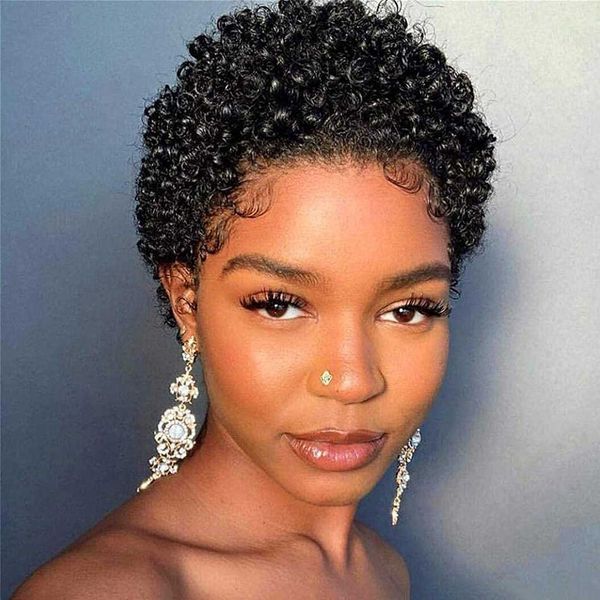 Pelucas de encaje Corto Afro Kinky Curly Pixie Cut Pelucas para mujeres Cabello humano Remy malasio 180% Densidad Pelucas de cabello humano Peluca hecha a máquina sin cola Z0613