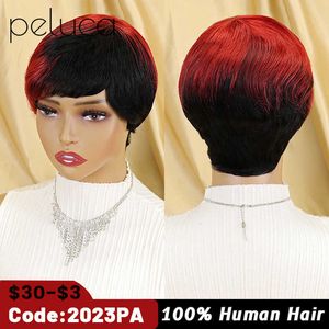 Lace Wigs Korte Bob Rechte Menselijke Pruiken Met Pony Braziliaans Haar Pixie Cut Pruik Goedkope Menselijk Haar Pruik Voor Zwarte Vrouwen Bourgondië Ombre Colore Z0613