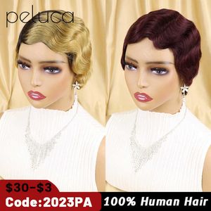 Lace Wigs Short Finger Wave Wig Braziliaanse Human Hair Wig for Black Women Brown Blonde Short Ocean Wave Wig Peruca Burgundy Pixie Cut Wigs Z0613