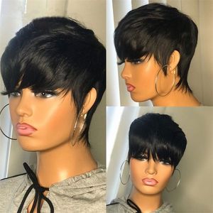 Pelucas de encaje Cabello humano corto Pixie Cut Straight perruque bresillienne para mujeres negras Máquina hecha con flequillo Peluca sin cola 220930