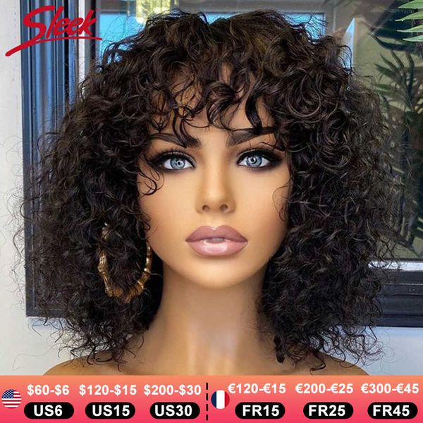 Lace Wigs Short Pixie Bob Cut Perruques de cheveux humains avec une frange Jerry Curly Glueless Wig Highlight Honey Water Wave Blonde Perruques colorées pour les femmes Z0613