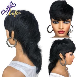 Lace Wigs Short Pixie Cut Full Machine Made Pruik met pony zwaluwstaart recht Braziliaans Remy Human Hair For Women Model Lengte 230314