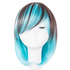 Lace Wigs Short Wig Fei-Show Synthetische Hittebestendige Vezel Golvend Schuine pony Haar Bruin en Blauw Kostuum Cos-play Salon Party Haarstukje Z0613