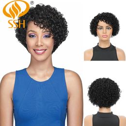 Pelucas de encaje SSH Pelucas rizadas Cabello humano de corte pixie corto para mujeres Cabello negro natural Remy 150% Densidad Sin cola Parte lateral Pelucas humanas 230314