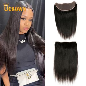 Lace Wigs Ucrown 13x4 rechte transparante frontale sluiting met Braziliaanse Remy Human Hair vooraf geplukte baby 22 inch voor vrouwen 230815