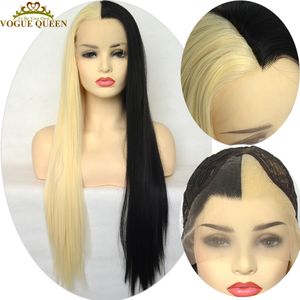 Dentelle Perruques Voguequeen Droite Demi Blonde Noir Synthétique Avant Pour Les Femmes Deux Tons Long Cosplay Perruque Résistant À La Chaleur Fibre 230609