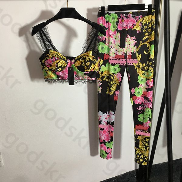 Conjunto de 2 piezas de mallas de camisola de Yoga de encaje para mujer, sujetador de tubo Sexy, pantalones ajustados elásticos de cintura alta