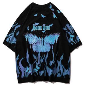 Beter Blue Butterfly Hip Hop Streetwear T-shirt Mannen 2021 Casual Katoen Harajuku Korte Mouw Tops Oversized T-shirt Mens G1229