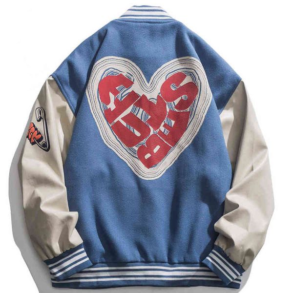 LACIBLE Streetwear Love Pattern Chaqueta de béisbol Hombres Tops Hip Hop Patchwork Letter Print Varsity Jacket Mujeres Outwear Autumn Coat T220816