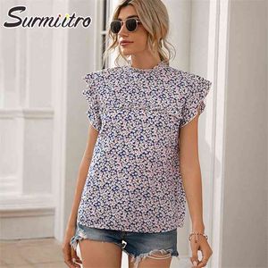 Laciness T-shirts voor vrouwen mode zomer madeliefjes print ruches mouw t-shirt casual tees tops vrouwelijke t-shirt 210421