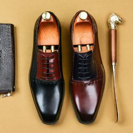 Laçage des hommes italiens noirs chaussures formelles authentiques Business de mariage en cuir oxford chaussures de brogue vins rouges carrés chaussures robes