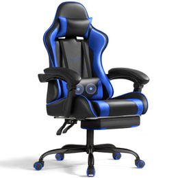 Lacoo Chaise de Jeu en Cuir PU Chaise de Gamer Ergonomique de Massage Chaise d'ordinateur Réglable en Hauteur avec Repose-Pieds Support Lombaire,Bleu
