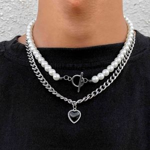 Lacteo Bohemian Imitatie Parels Collor Sieraden Voor Mannen Neo Gothic Roestvrij staal Rhinestone Hart Hanger Ketting