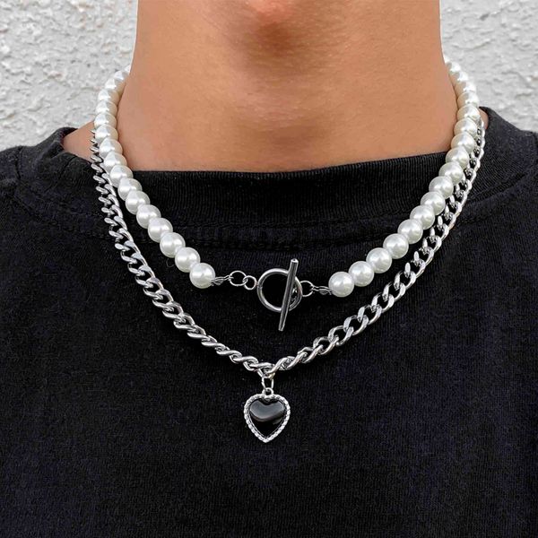 Lacteo Bohème Imitation Perles Collor Bijoux Pour Hommes Néo Gothique En Acier Inoxydable Strass Coeur Pendentif Collier