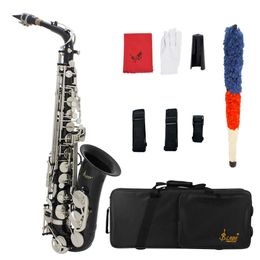 Lade Alto Sax Sax Flat E Silver Key Brass Tube Zwart lichaam Gewerkte bloem witte schaal knop Beginner leren eb saxofoon saxofoon muziekinstrument met case mondstuk