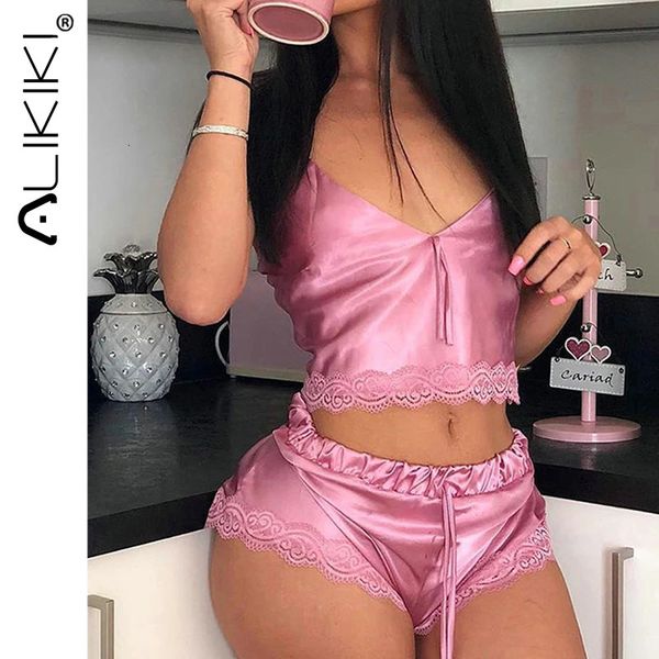 Dames 2 pièces Satin soie pyjama ensemble sans manches pyjamas sommeil Shorts ensemble dentelle Pijama maison costume vêtements de nuit pour femmes Sexy nuisettes 240106