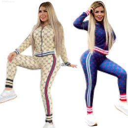 Dames 2 -delige set modepatroon geprinte lange mouw zipper hoge nek sexy sport twee voor vrouwelijke tracksuits jogging pakken sportkleding woman8ehk