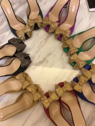 Damas 2021 Mujeres Día diabólicas genuinas de cuero 8 cm Sandalias Sandalias Flip-Flops Slip-On Vestido de novia Slip-on Wedding Zapatos de diamantes 3d Bowtie C474