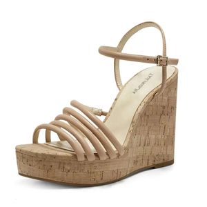 Dames 2024 Women echt leer 16 cm Wedge High Heels Sandalen Zomer Slip-on trouwjurk Gladiatorschoenen Narrow band Buckle Cork Euro-Amerikaanse maat 34-46 SAA