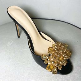 Dames 2024 Women echte echte leer hakken zomer sandalen kralen flip-flops slipper slip-on truidsjurk gladiator sexy schoenen diamant maat 34-43 61f4