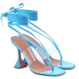 Mesdames 2024 Femmes Vraie Real Cuir Tabol High Heels Sandales Pinchez Toe Summer à lacets à linge à égalité Gladiateur de mariage transparent décontracté sexe A49