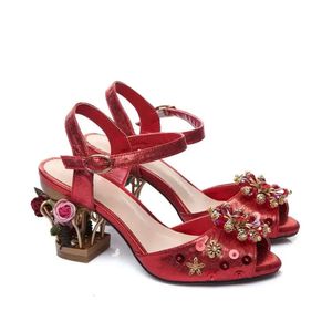 Mesdames 2024 Femmes authentiques Sandales Habills Chaussures 6cm découpées aux talons hauts en diamant PEEP TOE PARTIE DE MEUAUGE PERL BOUCLE BOURDE 3D FLORON Rétro Mary Jane BC57